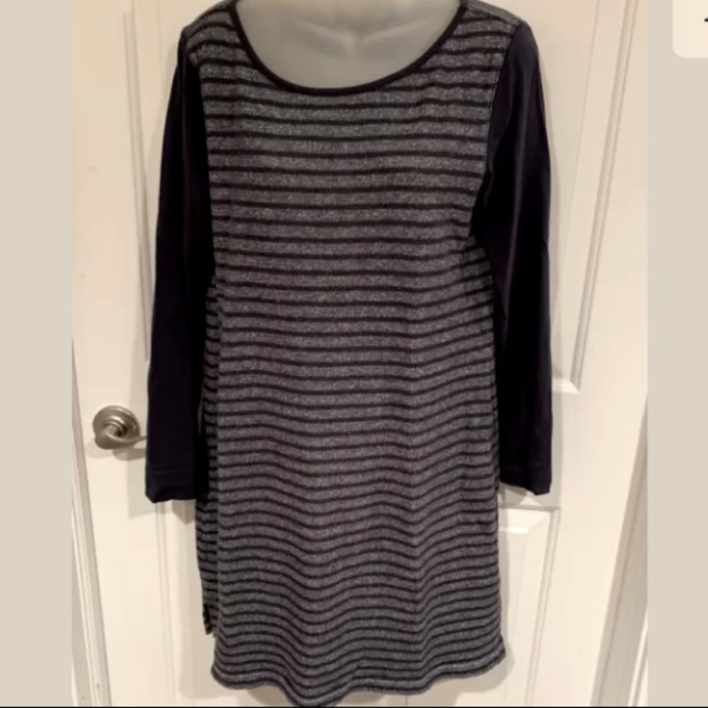 TALBOTS Sz L Blue Gray Striped Sweatshirt Dress BZ5
